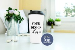 Travel White mug mockup PSD, Neutral background PSD & JPG Product Image 1
