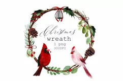Watercolor Christmas wreath clipart with cardinal birds Product Image 1