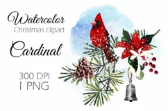Watercolor Christmas clipart with cardinal bird. Sublimation Product Image 1