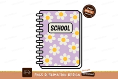 Purple notebook with white flowers and school label Product Image 1
