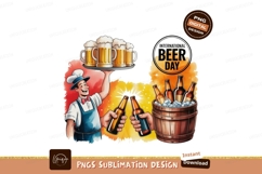 Cheerful server offers beer mugs and bottles celebration Product Image 1