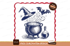 Blue witch hat cauldron bubbling potion and bat halloween Product Image 1