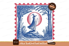 Blue witch standing under pink moon magic forest Product Image 1