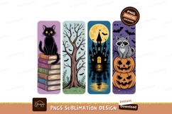 Black cat on books haunted castle and raccoon on pumpkins Product Image 1