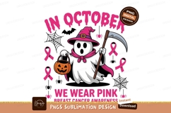 Ghost wearing pink witch hat holding pumpkin image Product Image 1