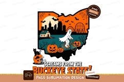 Ghost riding bicycle with pumpkins and black cat halloween Product Image 1