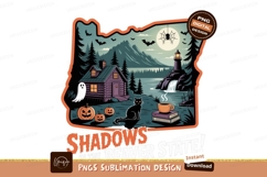 Spooky cabin by lake with lighthouse and cat halloween Product Image 1