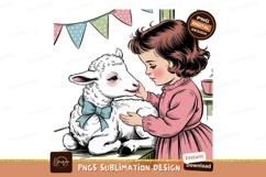 Girl petting fluffy lamb with blue bow white Product Image 1