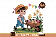 Boy pushing wheelbarrow with easter eggs and chick Product Image 1