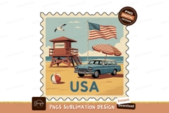 Lifeguard station beach scene with classic car umbrella Product Image 1