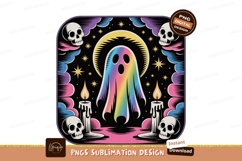Colorful ghost surrounded by skulls and candles rainbow Product Image 1