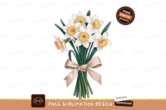 White daffodils with orange centers tied with ribbon Product Image 1