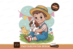 Boy holding puppy with chick and flowers grass Product Image 1
