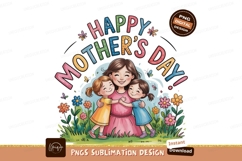 Mother embracing daughters in floral meadow hugging Product Image 1