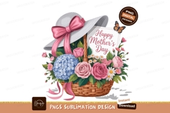 Pink roses blue hydrangea basket with hat flowers Product Image 1