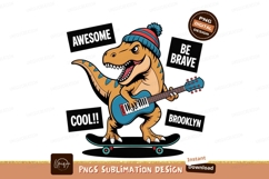 Orange dinosaur playing guitar on skateboard music Product Image 1