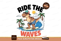 Dinosaur surfing tropical ocean waves Product Image 1