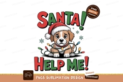 Sad puppy wearing Santa hat tangled in Christmas lights Product Image 1
