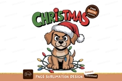 Grumpy puppy wearing santa hat tangled in christmas lights Product Image 1