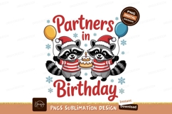 Raccoons celebrating birthday with cake and balloons Product Image 1