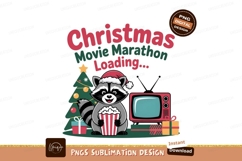 Festive raccoon enjoys popcorn and Christmas movie Product Image 1