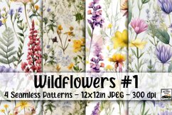 Watercolor Wildflowers Digital Paper #1 - 4 Seamless Pattern Product Image 1