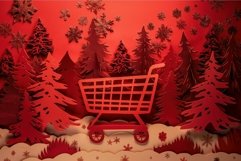 Red christmas shopping cart driving through a paper forest c Product Image 1