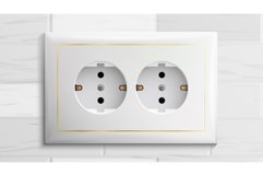 Double Grounded Socket Vector. Switch. Brick Wall. Realistic Product Image 1