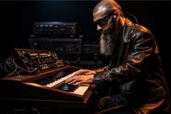 Stylish musician playing synthesizer in studio Product Image 1