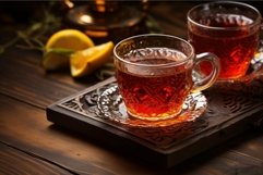 Aromatic Turkish tea in traditional two glass on wooden back Product Image 1