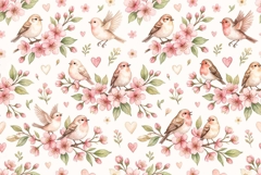 Watercolor Seamless Floral Pattern with cute birds Product Image 1