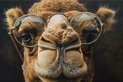Portrait of a camel wearing round glasses on a dark backgrou Product Image 1