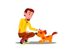 Teen Guy Volunteer Feeding Dog In Shelter Vector. Isolated Product Image 1