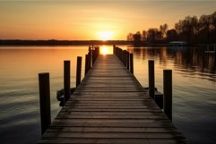 Serene lake sunset with wooden pier Product Image 1