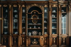 Large antique wooden display cabinet showing its drawers and Product Image 1
