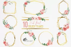 Pink floral watercolor wedding invitation golden frames png. Product Image 1