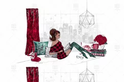 Cozy Winter Holiday Girl Reading Books Clip Art Product Image 8