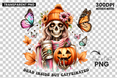 dead inside but caffeinated, skeleton coffee clipart, halloween coffee png, spooky skeleton design, pumpkin coffee sublimation, funny halloween clipart, caffeine lover skeleton, coffee mug halloween design, skeleton pumpkin png, spooky coffee art