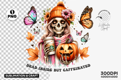 dead inside but caffeinated, skeleton coffee clipart, halloween coffee png, spooky skeleton design, pumpkin coffee sublimation, funny halloween clipart, caffeine lover skeleton, coffee mug halloween design, skeleton pumpkin png, spooky coffee art