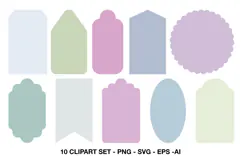 Ten simple decorative label shapes in muted blue, green, pink and purple pastel colors.