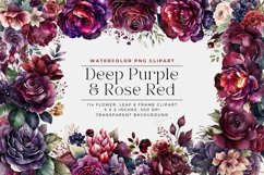114 Deep Purple and Rose Red Flowers Watercolor Clipart Product Image 1