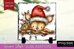 Deer Tangled In Christmas Lights Slate PNG Funny Xmas Square Product Image 1
