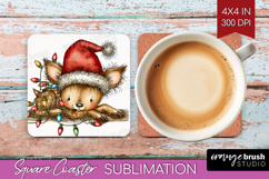 Deer Tangled In Christmas Lights Square Coaster Funny Xmas Product Image 1