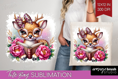 Deer Reading Tote Bag Book Lover Tote Bag PNG Sublimation Product Image 1