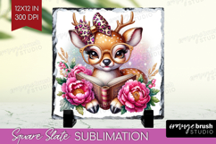 Deer Reading Slate PNG Book Lover Square Slate Sublimation Product Image 1