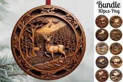 3D Wood Carving Round Ornaments Bundle | Deer Ornaments PNG Product Image 1