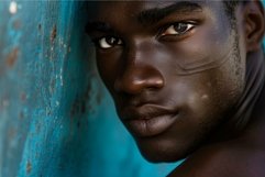 Intense gaze of a young man against blue background Product Image 1