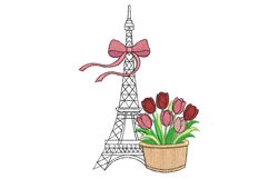 Eiffel Tower with tulips machine embroidery design, Paris Em Product Image 1