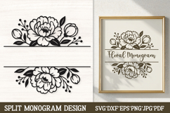 Delicate flower split monogram SVG frame with airy clusters of soft petals, minimalist buds, and subtle leaves framing the center, perfect for baby shower initials, nursery monograms, spring wedding details