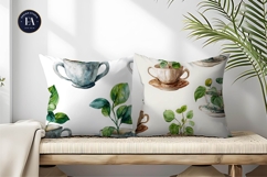 Teacups with Plant Leaves Watercolor Digital Paper Product Image 2